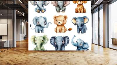 Cute watercolor animals including elephants and a lion on a white isolated background. Wall mural