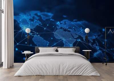 Digital world map with network connections on dark blue background. Wall mural