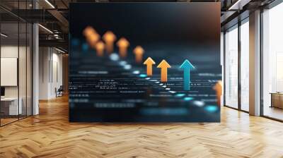 Dynamic graphic showcasing growth with upward arrows, reflecting business success and data analysis in a modern setting. Wall mural