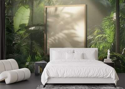 Empty wooden signboard in lush green tropical forest with sunlight filtering through foliage, showcasing nature's beauty and tranquility. Wall mural