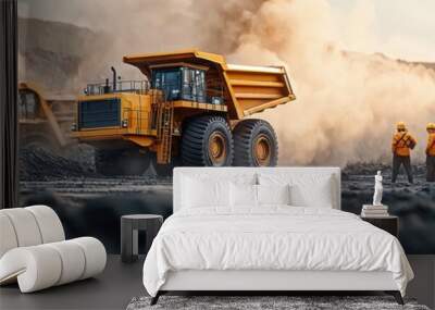 Heavy machinery operates in a mining site, showcasing construction work and teamwork in a rugged environment. Wall mural