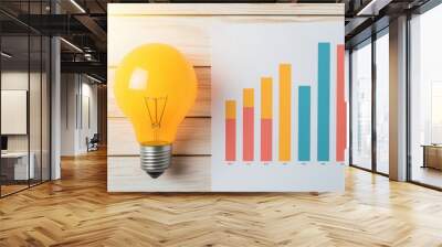 Light bulb beside a colorful bar graph on wooden background, symbolizing innovation. Wall mural