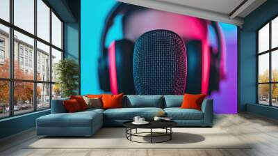 Microphone in focus with headphones, vibrant blue and pink lighting background. Wall mural