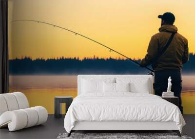 Serene sunset view of a person fishing by the lake, surrounded by nature's beauty and tranquility. Wall mural