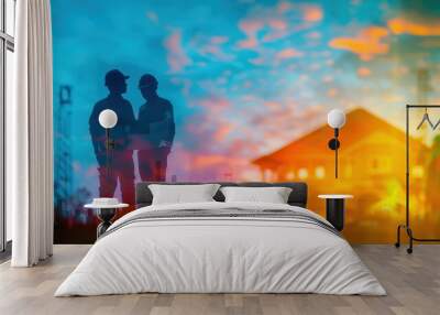 Silhouettes of two construction workers against a colorful sunset with a building in the background. Wall mural