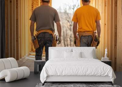 Two construction workers in hard hats walk through a wooden framed structure, focused on their tasks ahead. Wall mural