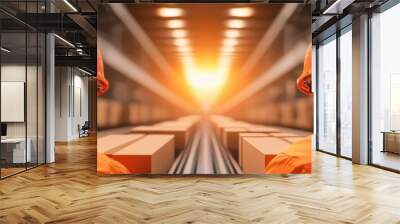 Two construction workers in safety gear observe a bright sunset in a warehouse filled with stacked boxes. Wall mural