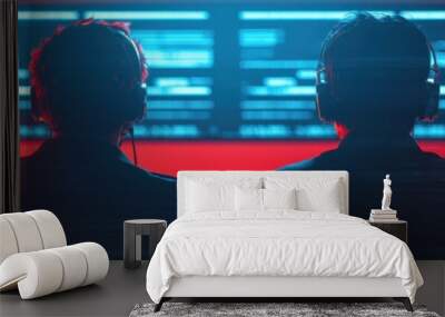 Two individuals sit side by side, wearing headsets, focused on screens displaying data in a dimly lit, high-tech environment. Wall mural