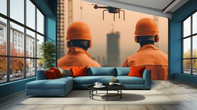 Two workers observing a drone at a construction site during sunset. Wall mural