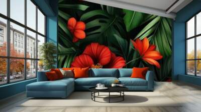 Vibrant tropical floral design featuring colorful hibiscus and lush green leaves, perfect for backgrounds and decorations. Wall mural