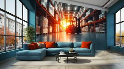 Forklift operating in large modern warehouse Wall mural