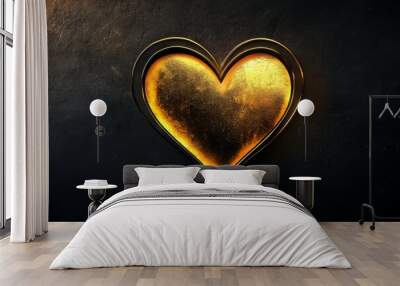 Golden heart on dark black background Wall mural