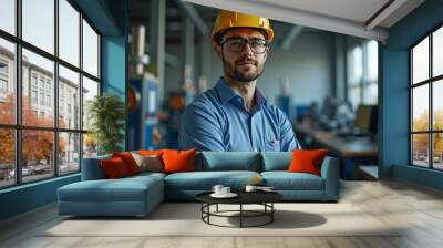 Engineer at Work, Reviewing Blueprints and Inspecting Construction Sites Wall mural