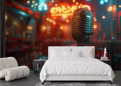 Retro Vintage Microphone on Stage Illuminated by Spotlight for Concert or Performance Wall mural