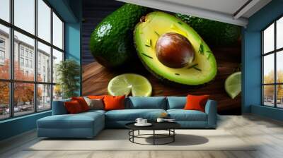 Sliced avocado on wooden board on professional kitchen studio background Wall mural