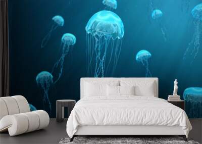 3d illustration background of jellyfish. jellyfish swims in the ocean sea, light passes through the  Wall mural