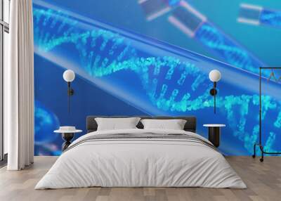 3D Illustration DNA molecule, its structure. Concept human genome. DNA molecule with modified genes. Conceptual illustration of a dna molecule inside a glass test tube with liquid. Medical equipment. Wall mural