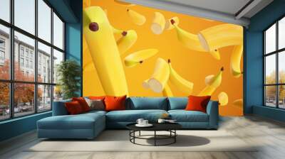 3D rendering Bananas. Fresh, sweet bananas on orange background. Sweet fruit. Concept vitamins. Concept of healthy lifestyle and nutrition in general. Rotate bananas. Loop-able seamless Wall mural