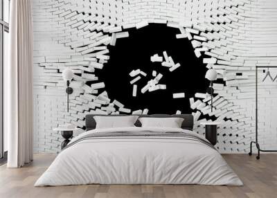 Destruction of a white wall with blank text. 3d illustration Wall mural