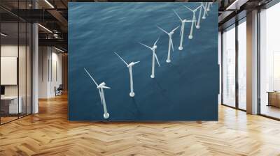 Offshore aerial view of wind turbines in the sea. Clean energy, ecological concept. 3d rendering Wall mural