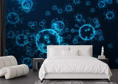 Virus and germs, bacteria, cell infected organism. Influenza Virus H1N1, Swine Flu on abstract background. Blue viruses glowing in attractive colour, 3D rendering Wall mural