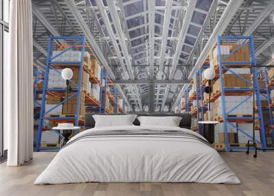 Warehouse with cardboard boxes inside on pallets racks, logistic center. Huge, large modern warehouse. Warehouse filled with cardboard boxes on shelves, boxes stand on pallets, 3D Illustration Wall mural