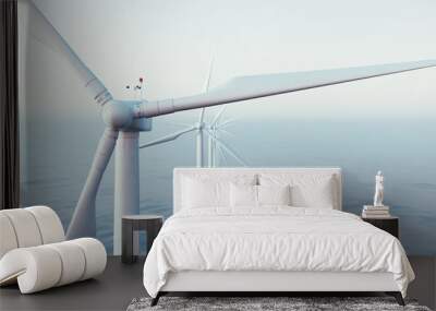 Wind farm turbines caught in sunset sky. Beautiful contrast with the blue sea. ecological concept. 3d rendering Wall mural