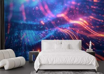 Abstract blue technology background with futuristic digital lines. Dynamic network wave and particle communication. Modern tech design with glowing motion and internet space concepts. Wall mural