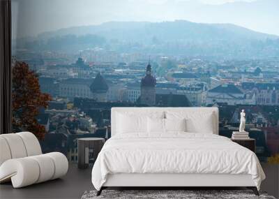 Panoramic view from tower of city wall on city with Rathaus  tower, Lucerne, Switzerland Wall mural