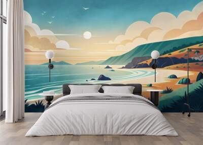 Serene Coastal Landscape with Waves Rocks Sunsets Sandy Shores Wall mural