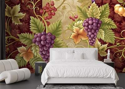 Vibrant Grapes Lush Green Leaves Elegant Vintage Floral Design Wall mural