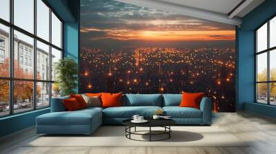 Global connections in smart city cyberspace and energy-efficient wireless networks in the modern skyline Wall mural