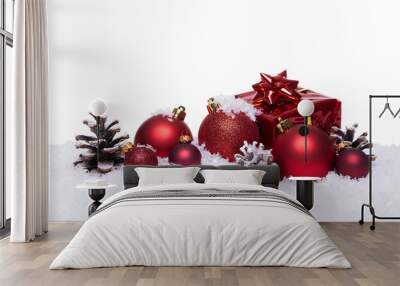 Christmas background with red balls on snow. Isolated on white Wall mural