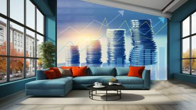 Coins in piles with investment appreciation chart Wall mural