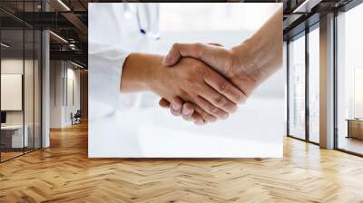 Female doctor shaking hands with man in medical office Wall mural