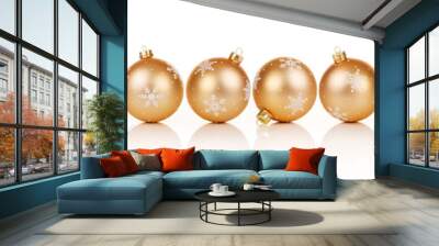 Golden Christmas ornaments in a row on white background with reflection Wall mural