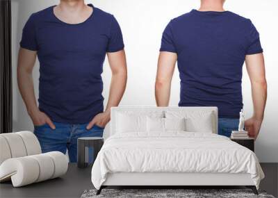 T-shirt design - man in blank dark blue tshirt front and rear isolated on white Wall mural