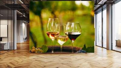 Three glasses of wine on an old wooden barrel Wall mural