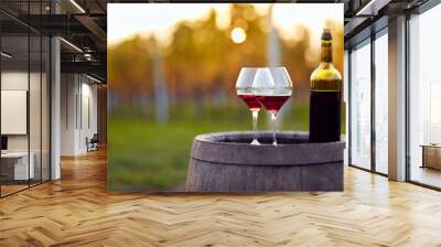 Two glasses of red wine and bottle in autumn vineyard Wall mural