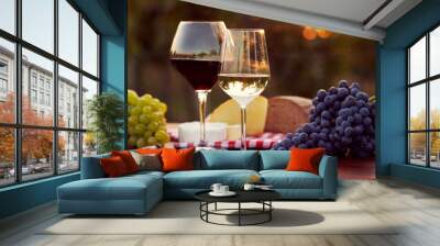 Two glasses of white and red wine Wall mural