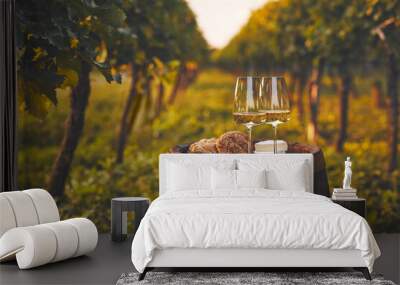 Two glasses of white wine between the rows of the vineyard Wall mural