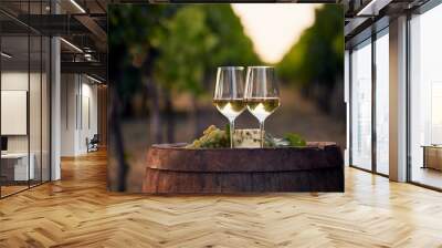 Two glasses of white wine on the old wooden barrel outdoors. Sunset in the vineyard. Wall mural