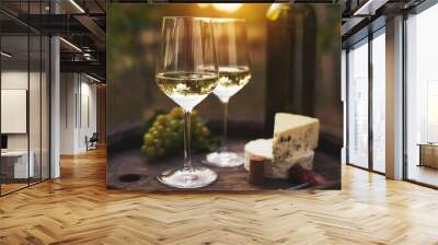 Two glasses of white wine on the old wooden barrel outdoors. Sunset in the vineyard. Wall mural