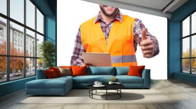 Worker with digital tablet makes a gesture thumb up Wall mural