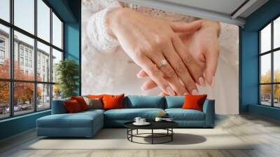 Bride with engagement ring on her finger. Closeup Wall mural