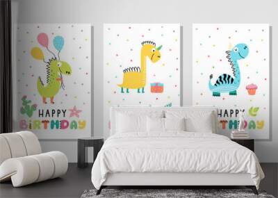 3 Birthday cards with dinosaurs Wall mural