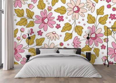 Abstract pink daisies seamless pattern Wall mural