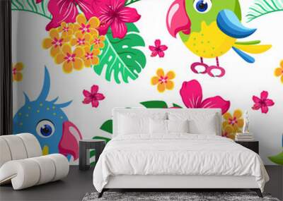 Seamless pattern with cartoon parrots. Wall mural