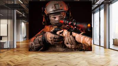 special forces soldier in a helmet with a sniper rifle Wall mural