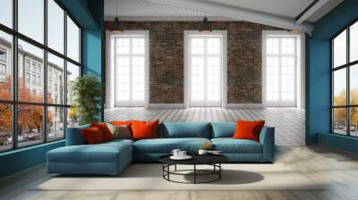 Bright empty room with brick wall and huge windows.3d rendering Wall mural